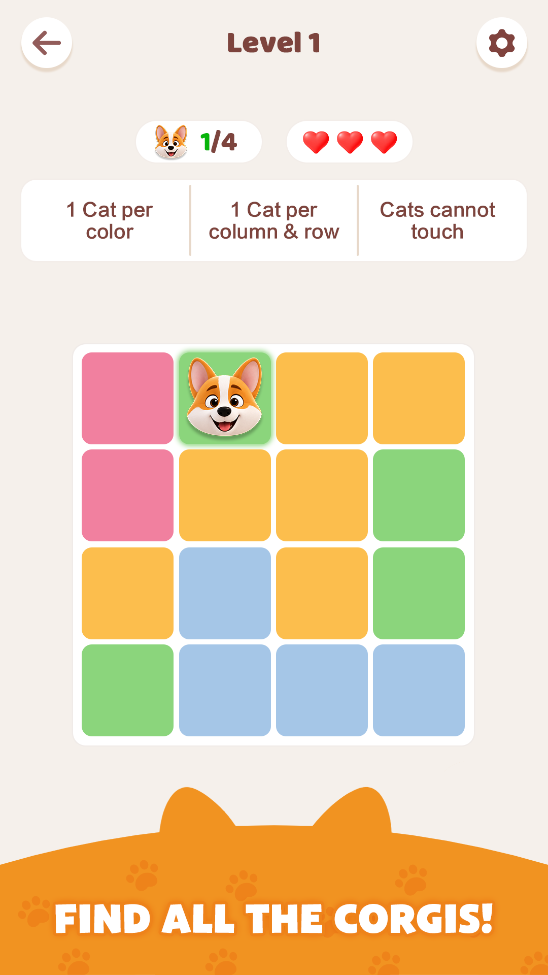 Cozydoku Level 1 puzzle with logic clues and one corgi placed