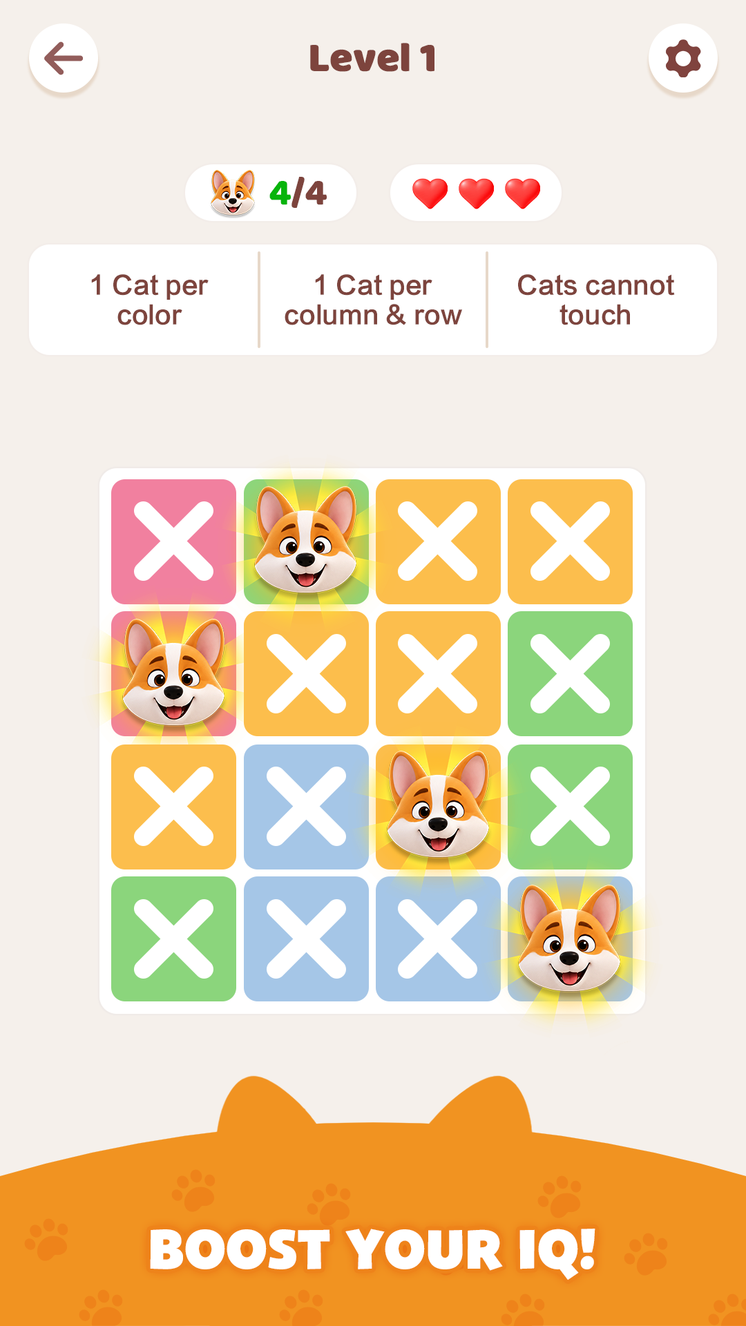 Cozydoku completed puzzle with four corgis found on a colorful grid