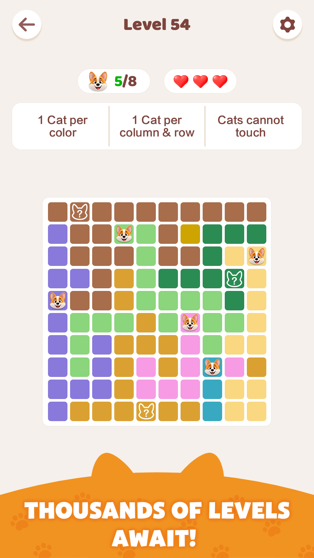 Cozydoku Level 54 with a large puzzle grid and hundreds of levels