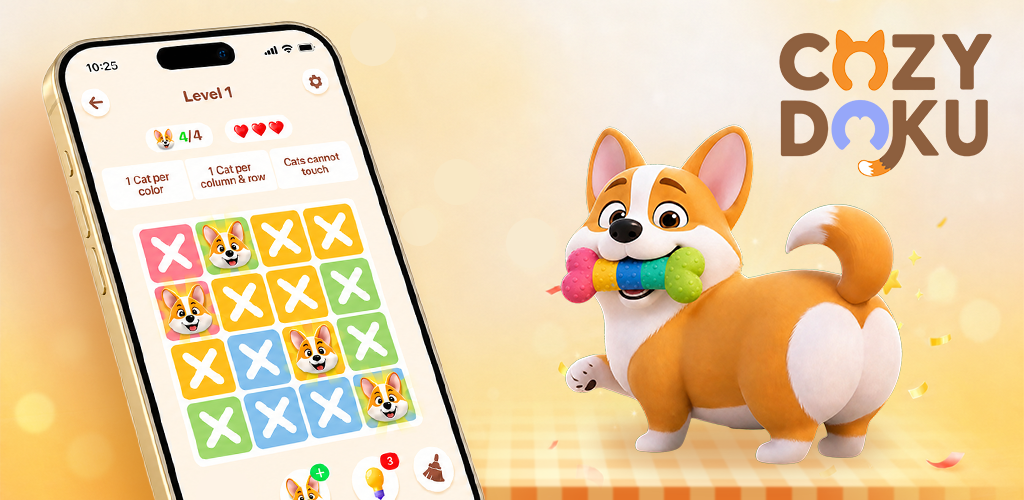 Cozydoku promotional art with corgi mascot and in-game puzzle on phone